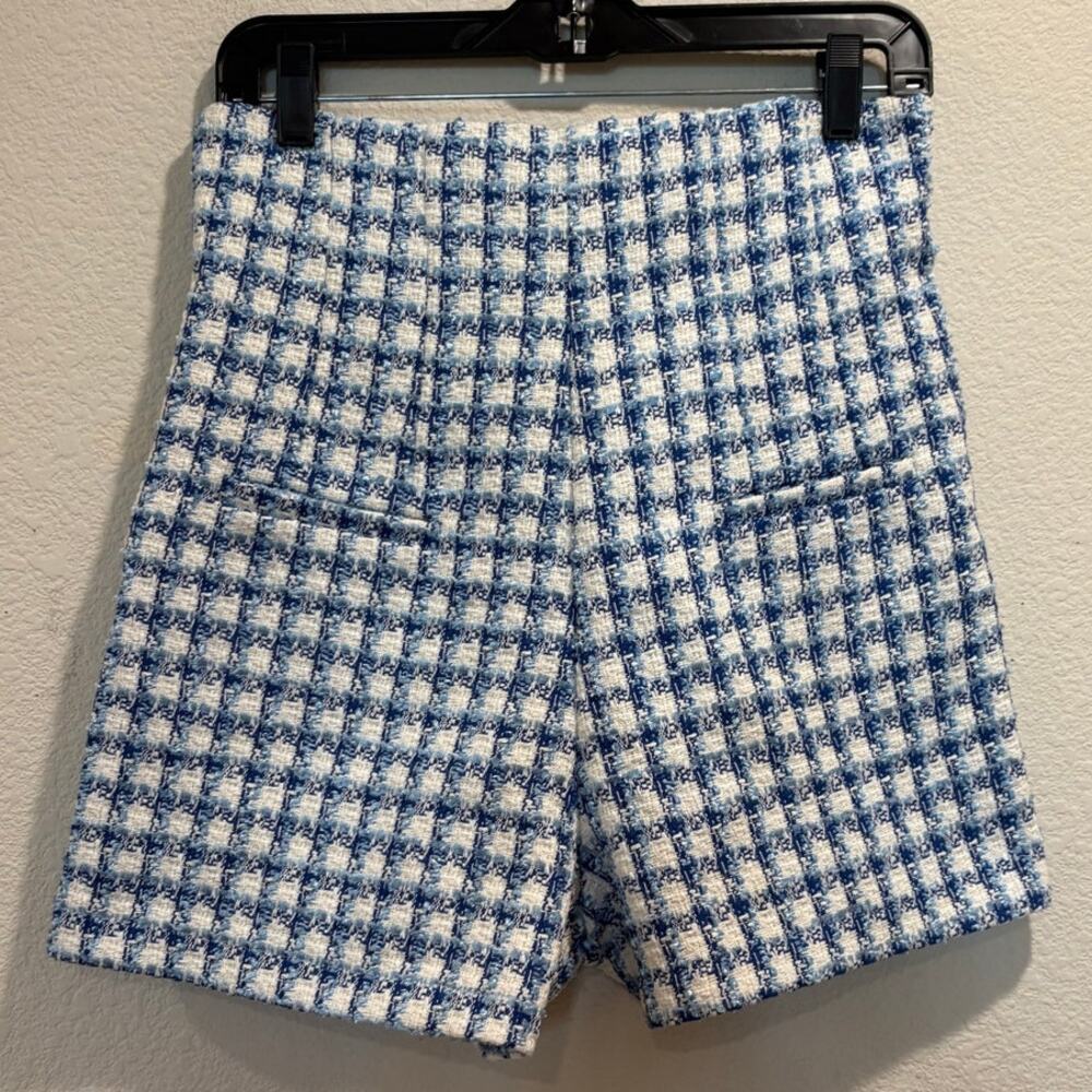 Zara Blue White Houndstooth Plaid Tweed Pull On Shorts Size S